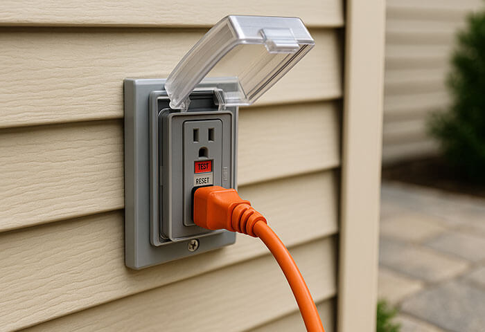 An outdoor GFCI outlet with a weatherproof cover